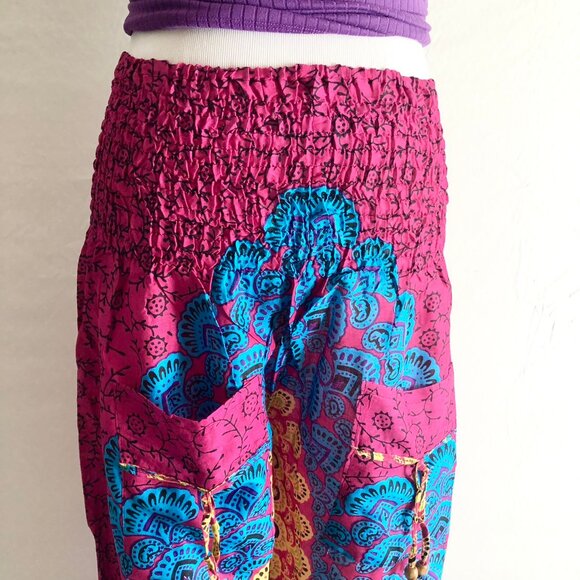 “Leela” Shirred Waist Harem Pants Rangoli Pattern One Size Pink or Navy Blue - Picture 6 of 11